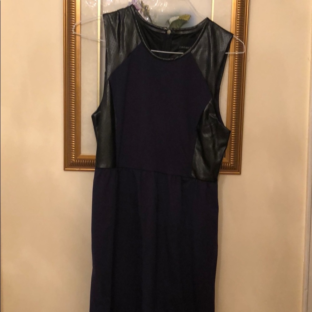 Navy Cynthia Rowley dress w black leather trim